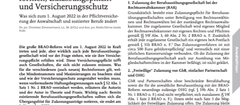 Ausschnitt Artikel BRAO-Reform: Rechtsformen, Zulassungspfl icht und Versicherungsschutz
