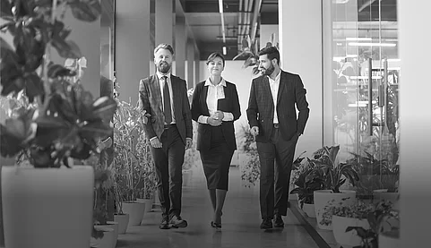 Drei Geschäftsleute in Anzügen gehen durch modernen Büroflur umgeben von grünen Pflanzen