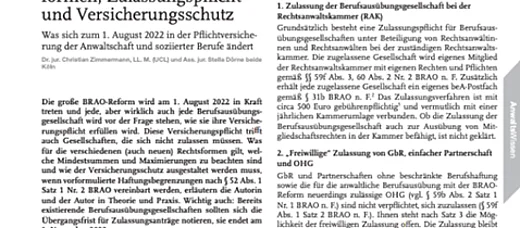 Ausschnitt Artikel BRAO-Reform: Rechtsformen, Zulassungspfl icht und Versicherungsschutz